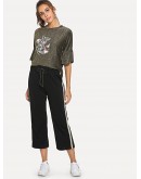 Letter Print Ruffle Top &amp; Stripe Contrast Pants