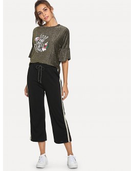 Letter Print Ruffle Top &amp; Stripe Contrast Pants