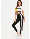 Color Block Crop Top &amp; Leggings Set