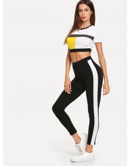 Color Block Crop Top &amp; Leggings Set