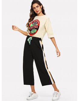 Letter Print Top &amp; Stripe Wide Leg Pants