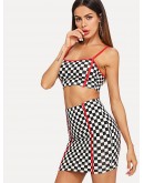 Contrast Binding Gingham Print Cami Top &amp; Skirt Set