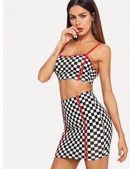 Contrast Binding Gingham Print Cami Top &amp; Skirt Set