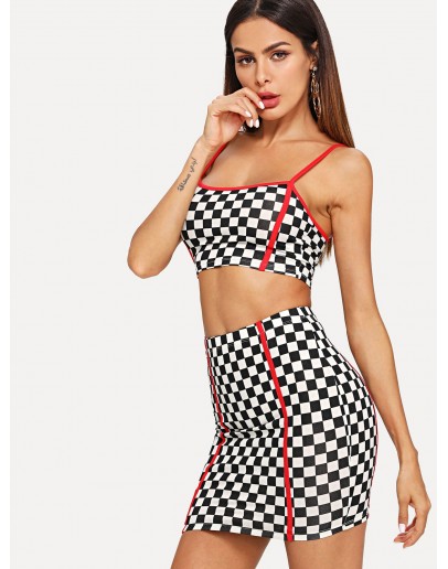 Contrast Binding Gingham Print Cami Top &amp; Skirt Set