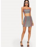 Contrast Binding Gingham Print Cami Top &amp; Skirt Set