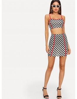 Contrast Binding Gingham Print Cami Top &amp; Skirt Set