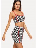 Contrast Binding Gingham Print Cami Top &amp; Skirt Set