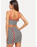 Contrast Binding Gingham Print Cami Top &amp; Skirt Set