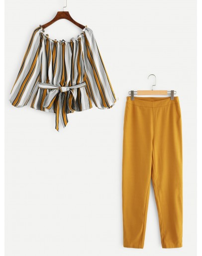 Striped Bardot Top &amp; Cigarette Pants Set