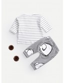 Baby Cartoon Print Striped Top With Pants