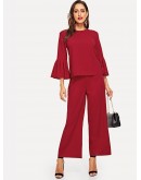 Mock-Neck Flounce Sleeve Top and Palazzo Pants Set