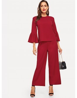 Mock-Neck Flounce Sleeve Top and Palazzo Pants Set