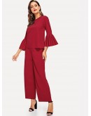 Mock-Neck Flounce Sleeve Top and Palazzo Pants Set