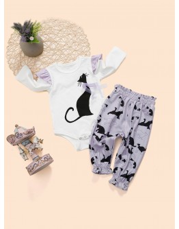 Baby Frill Trim Cat Pattern Top &amp; Pants