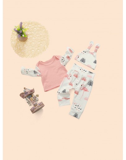 Baby Flamingo Print Top &amp; Pants &amp; Hat