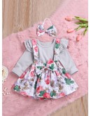 Baby Ruffle Trim Top &amp; Floral Print Pinafore Skirt &amp; Headband