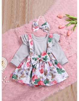 Baby Ruffle Trim Top &amp; Floral Print Pinafore Skirt &amp; Headband