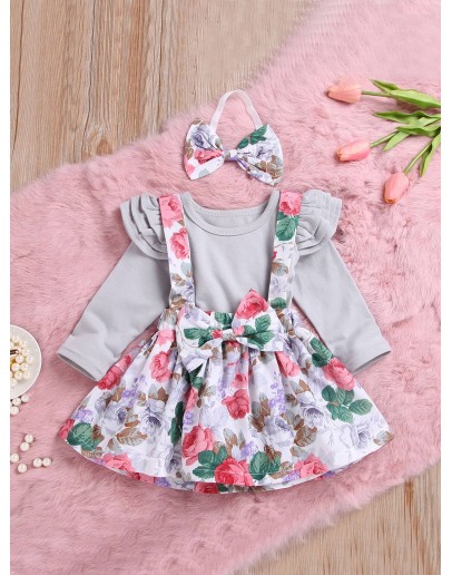 Baby Ruffle Trim Top &amp; Floral Print Pinafore Skirt &amp; Headband