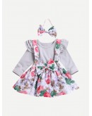 Baby Ruffle Trim Top &amp; Floral Print Pinafore Skirt &amp; Headband