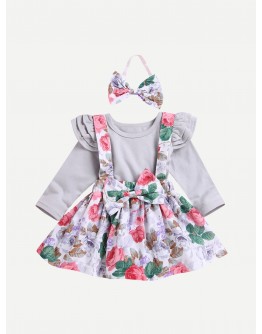 Baby Ruffle Trim Top &amp; Floral Print Pinafore Skirt &amp; Headband