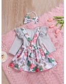 Baby Ruffle Trim Top &amp; Floral Print Pinafore Skirt &amp; Headband