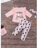 Baby Frill Trim Letter Print Tee &amp; Triangle Print Pants &amp; Headband