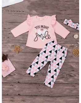 Baby Frill Trim Letter Print Tee &amp; Triangle Print Pants &amp; Headband