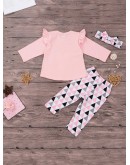 Baby Frill Trim Letter Print Tee &amp; Triangle Print Pants &amp; Headband