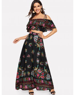 Flounce Layered Neck Floral Top &amp; Skirt Set