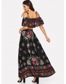 Flounce Layered Neck Floral Top &amp; Skirt Set