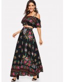 Flounce Layered Neck Floral Top &amp; Skirt Set