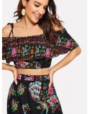 Flounce Layered Neck Floral Top &amp; Skirt Set