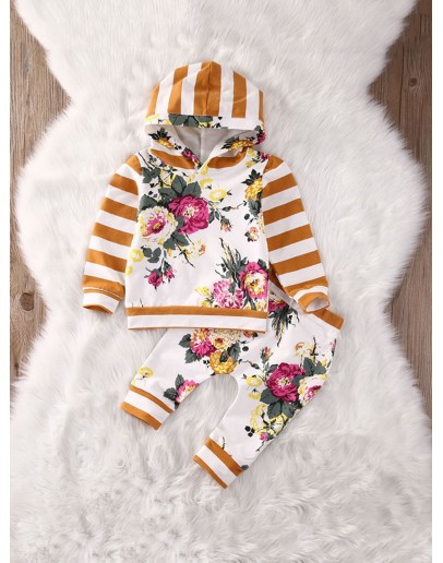 Baby Floral &amp; Letter Print Hoodie With Pants