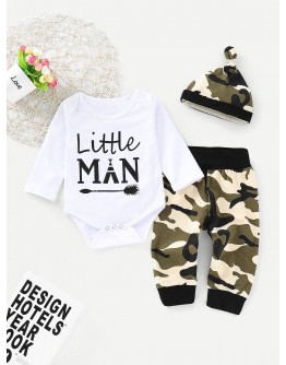 Baby Letter Print Jumpsuit &amp; Camo Print Pants &amp; Hat