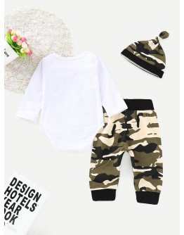 Baby Letter Print Jumpsuit &amp; Camo Print Pants &amp; Hat