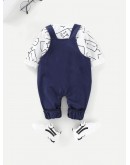 Baby Letter Print Tee With Cartoon Embroidery Overalls