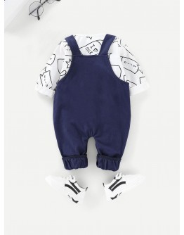 Baby Letter Print Tee With Cartoon Embroidery Overalls