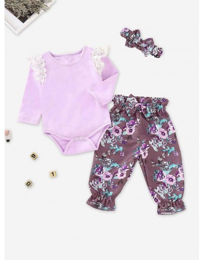 Baby Contrast Lace Eyelet Jumpsuit &amp; Floral Print Pants &amp; Headband