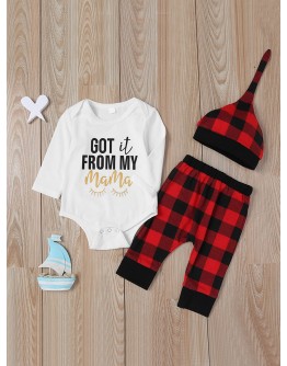 Baby Slogan Print Jumpsuit &amp; Check Plaid Pants &amp; Hat