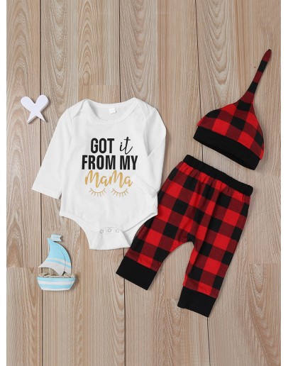 Baby Slogan Print Jumpsuit &amp; Check Plaid Pants &amp; Hat