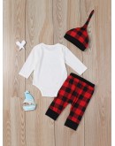 Baby Slogan Print Jumpsuit &amp; Check Plaid Pants &amp; Hat