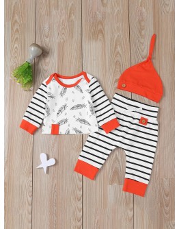 Baby Feather And Stripe Print Tee &amp; Pants &amp; Hat