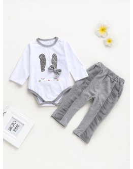 Baby Rabbit Print Jumpsuit With Contrast Mesh Pants